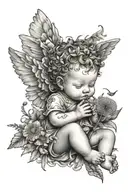 cute baby Cherub holding a dandelion flower and sitting in a field of flowers tattoo design idea
