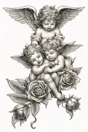A black-grey tattoo of a cherub watching over a family of children, with delicate rose petals falling around them tattoo design idea