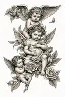 A black-grey tattoo of a cherub watching over a family of children, with delicate rose petals falling around them tattoo design idea