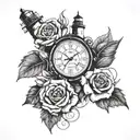 Lighthouse roses compass watches tattoo design idea