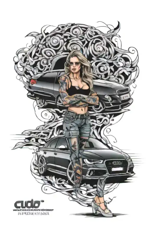 An Audi RS6 with a beautiful woman in front of the car. The background is a winding road  tattoo design idea