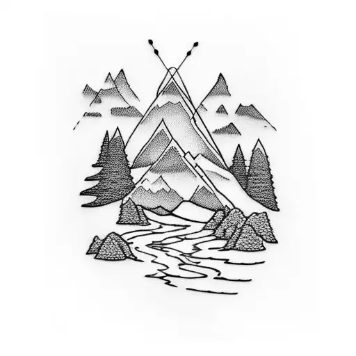 Mountain Scene with stream and small house  tattoo design idea