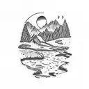 Mountain Scene with stream and small house  tattoo design idea