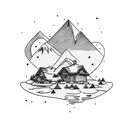 Mountain Scene with stream and small house  tattoo design idea