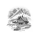 Mountain Scene with stream and small house  tattoo design idea