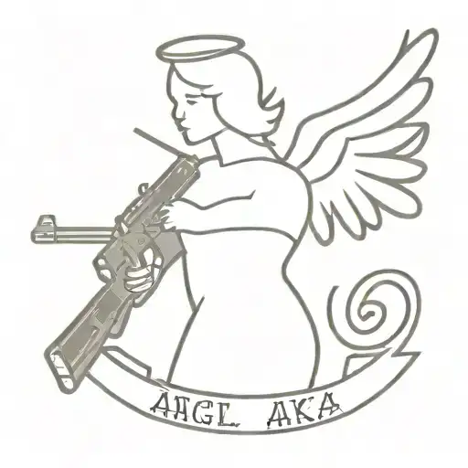 Angel with ak 47 gun that also has R.A.G.E.R message on bottom tattoo design idea
