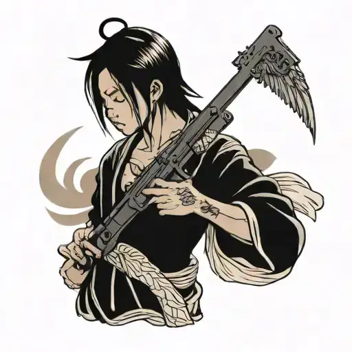 Angel with ak 47 that also has R.A.G.E.R message on bottom tattoo design idea