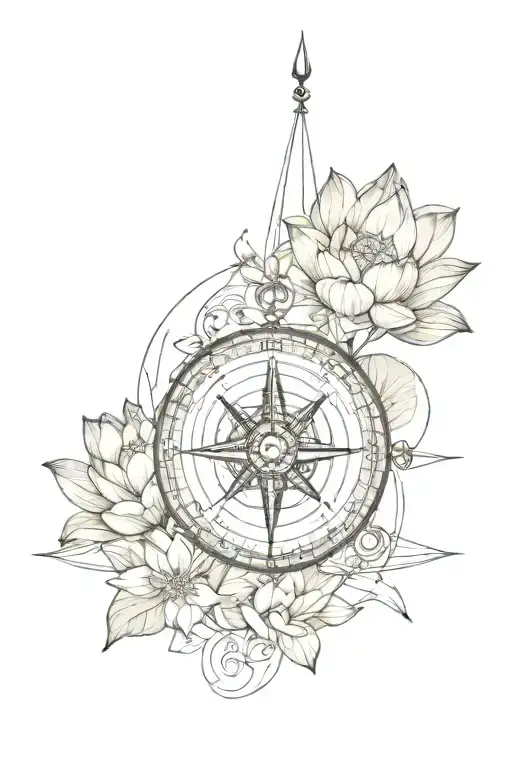 compass with lotus flowers wrapped together tattoo design idea