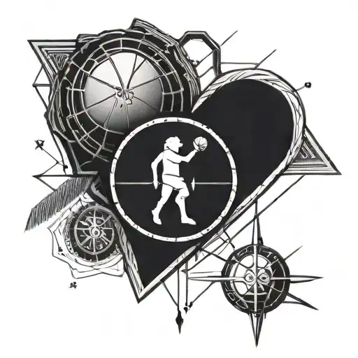 An anatomical heart with basketball textures and a compass needle pointing towards it tattoo design idea
