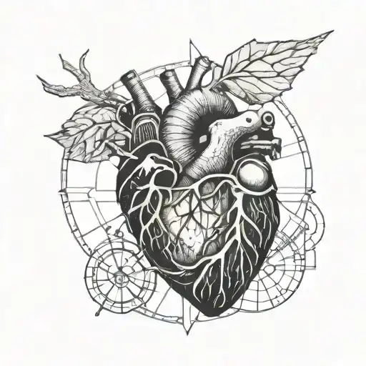 An anatomical heart with basketball textures and a compass needle pointing towards it tattoo design idea