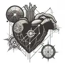 An anatomical heart with basketball textures and a compass needle pointing towards it tattoo design idea