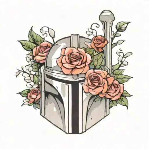 mandalorian helmet surrounded by flowers tattoo design idea