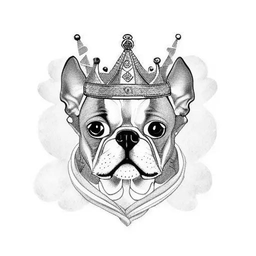 A traditional-style tattoo of a Boston terrier wearing a crown, representing your favorite TV show and your love for dogs. tattoo design idea