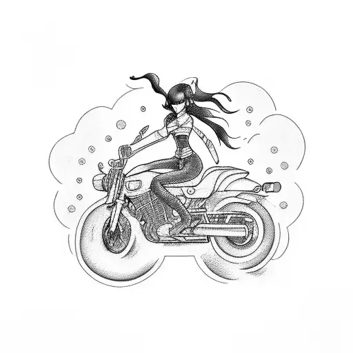 A fierce woman riding a motorcycle through a cityscape at night tattoo design idea