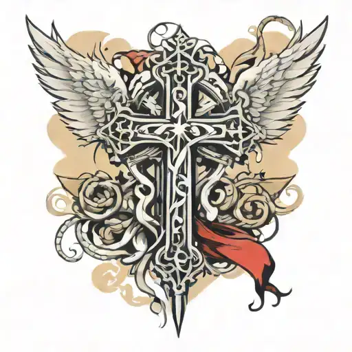 tattered gothic cross, AIDS ribbon intertwined, angel wings behind it  tattoo design idea