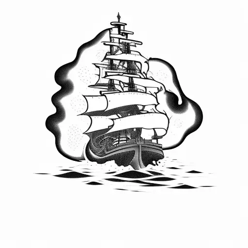 create a ship sailing between flames tattoo design idea