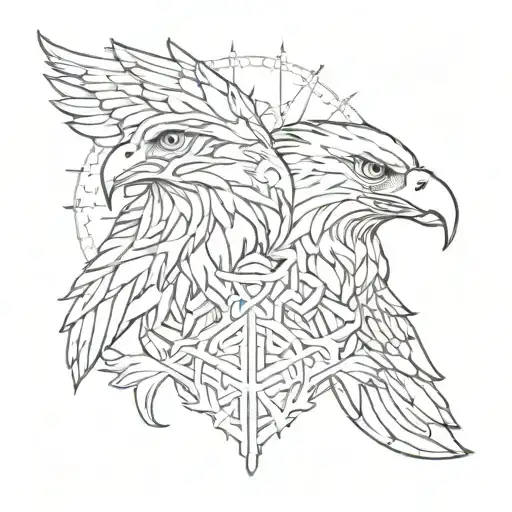 A tattoo design of a majestic eagle and a cunning fox intertwined, with a sketch style tattoo design idea
