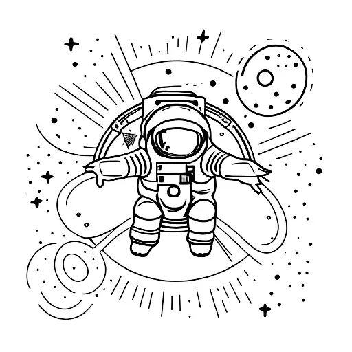 An astronaut floating in space with a trail of colorful stars behind tattoo design idea
