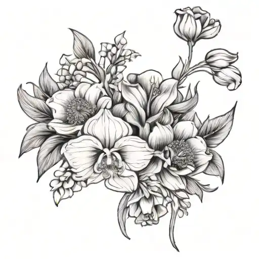 floral armband tattoo with poppys, lily of the valleys, irises, and daisys tattoo design idea