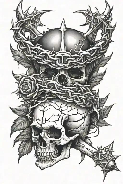 crown of thorns with dagger piercing skull tattoo design idea