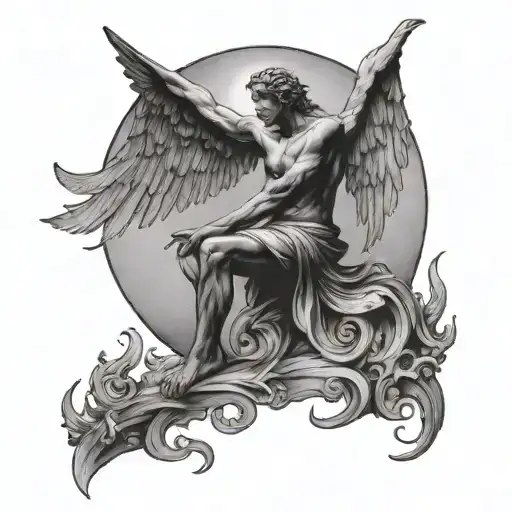 angel man reaching moon rising tattoo design idea