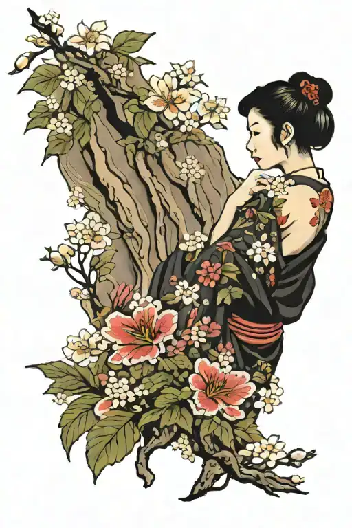 japanese girl with kamono, cherry blosson tattoo on shoulder tattoo design idea