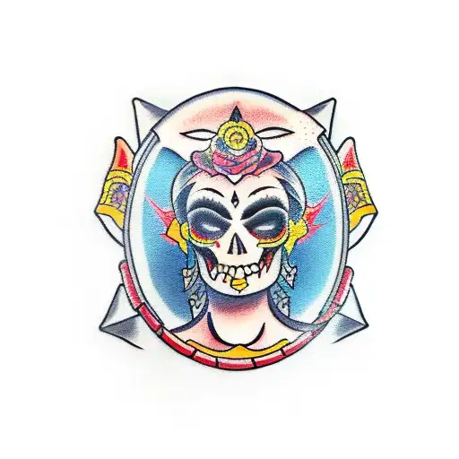 a goddess of fortune whose half of her face is a skull and who holds a bag from which poker chips and money spill out an tattoo design idea