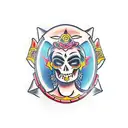 a goddess of fortune whose half of her face is a skull and who holds a bag from which poker chips and money spill out an tattoo design idea