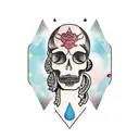 a goddess of fortune whose half of her face is a skull and who holds a bag from which poker chips and money spill out an tattoo design idea