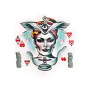 a goddess of fortune whose half of her face is a skull and who holds a bag from which poker chips and money spill out an tattoo design idea