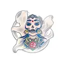 a goddess of fortune whose half of her face is a skull and who holds a bag from which poker chips and money spill out an tattoo design idea