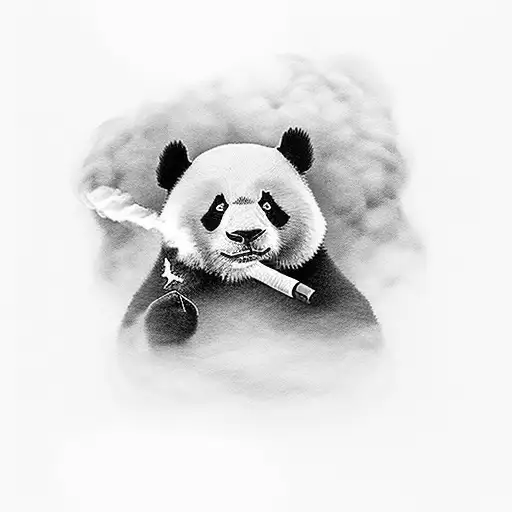A unique minimalist tattoo of a panda smoking a joint, surrounded by smoke clouds and the numbers '420' subtly integrated into the design. tattoo design idea