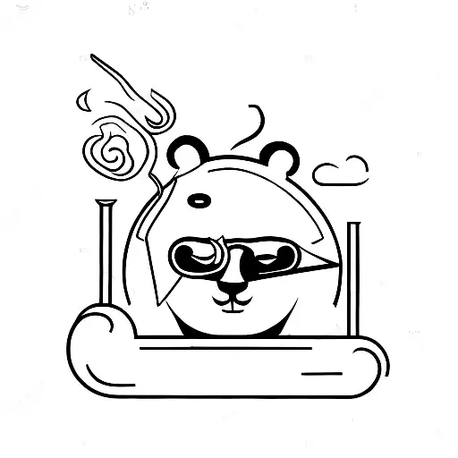 A unique minimalist tattoo of a panda smoking a joint, surrounded by smoke clouds and the numbers '420' subtly integrated into the design. tattoo design idea