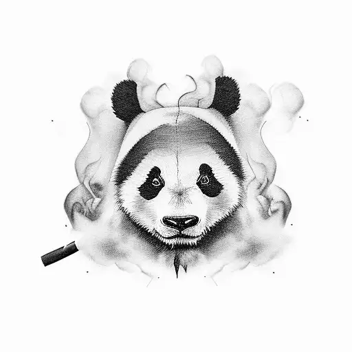 A unique minimalist tattoo of a panda smoking a joint, surrounded by smoke clouds and the numbers '420' subtly integrated into the design. tattoo design idea