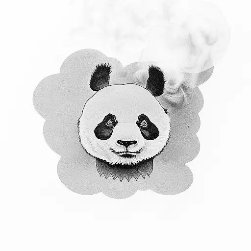 A unique minimalist tattoo of a panda smoking a joint, surrounded by smoke clouds and the numbers '420' subtly integrated into the design. tattoo design idea