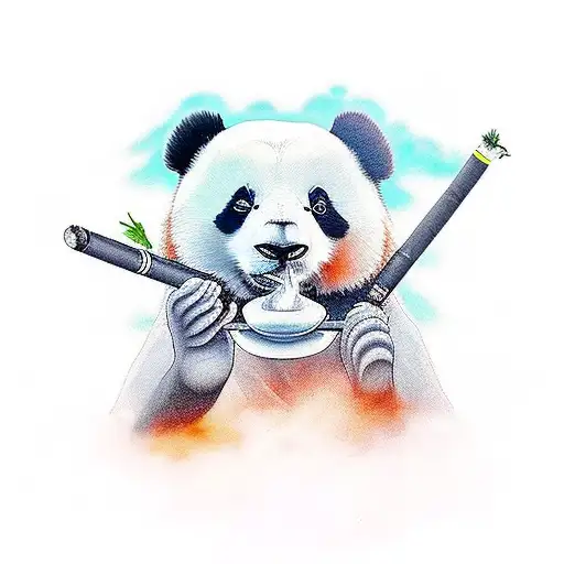 A unique minimalist tattoo of a panda smoking a joint, surrounded by smoke clouds and the numbers '420' subtly integrated into the design. tattoo design idea