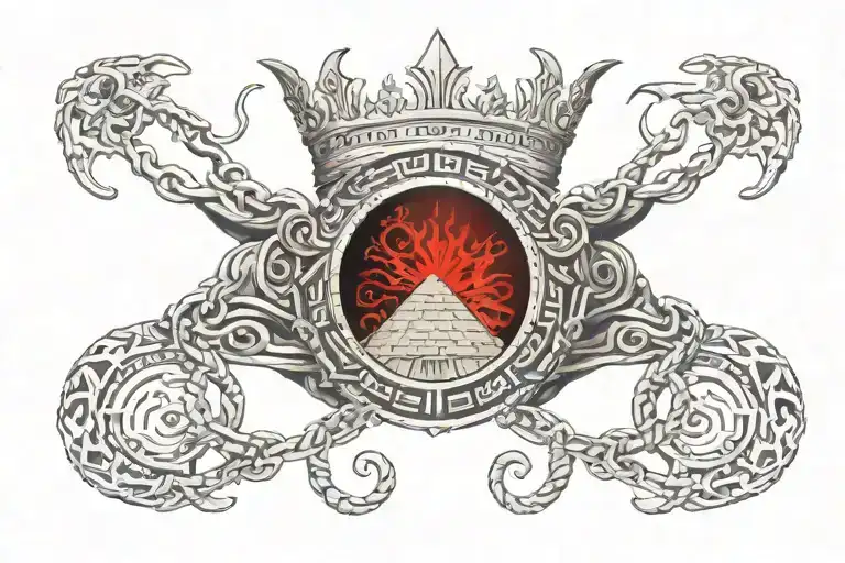 A crown shooting out hieroglyphics saying Rockstar, Japanese saying him, Pharaoh, yin and yang, broken chains tattoo design idea