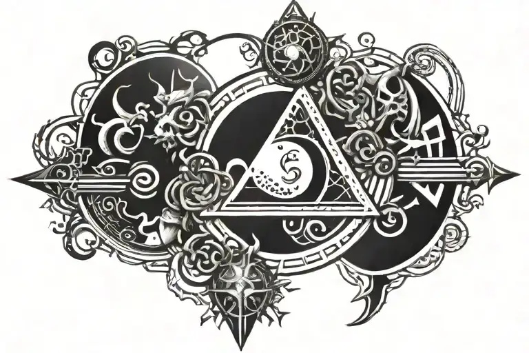 A crown shooting out hieroglyphics saying Rockstar, Japanese saying him, Pharaoh, yin and yang, broken chains tattoo design idea