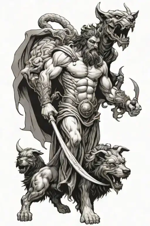 Greek god hades with cerberus tattoo design idea