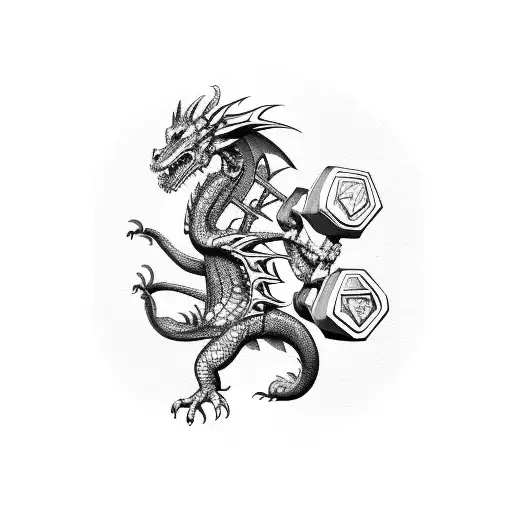 A fierce dragon wrapped around a dumbbell, symbolizing strength and training tattoo design idea