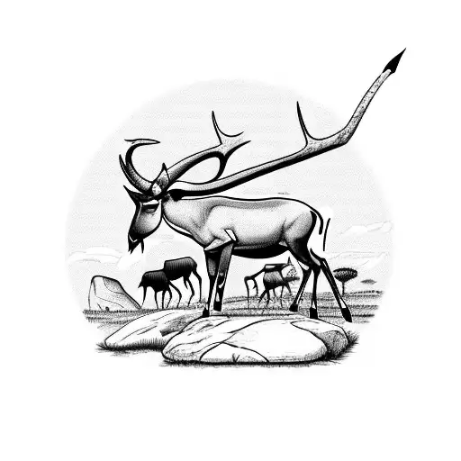 South Africa themed cave drawing with a springbok, table mountain and stick men tattoo design idea
