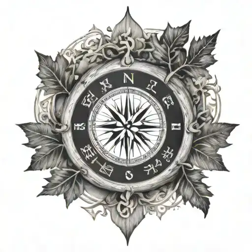 oak life of tree, left inverted medium house, right runes compass, surrounded sun tattoo design idea