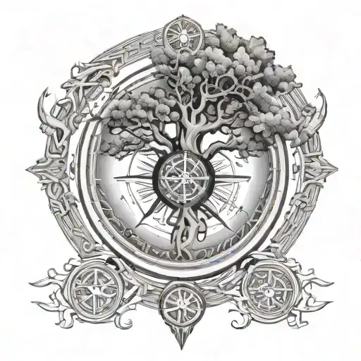 oak life of tree left medium house right runes compass surrounded sun tattoo design idea