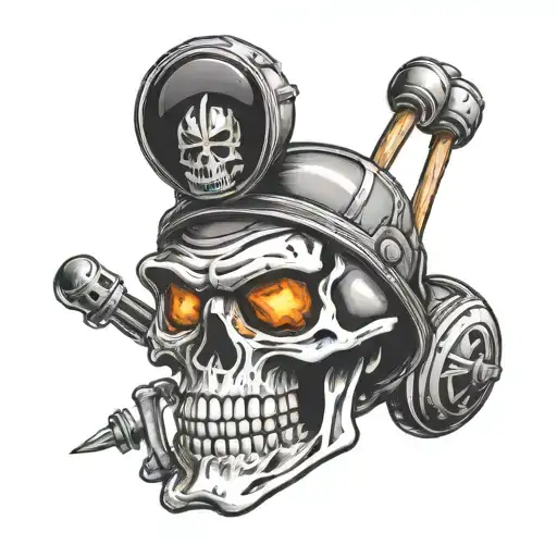 Black Tattoo of an evil skull wearing a football helmet with a welding wand in its mouth tattoo design idea