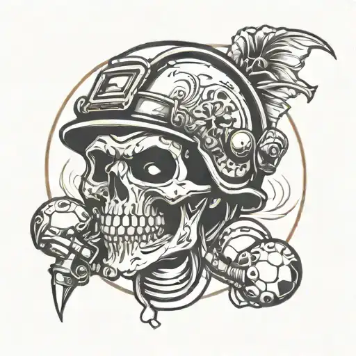 Black Tattoo of an evil skull wearing a football helmet with a welding wand in its mouth tattoo design idea