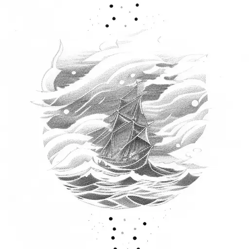 A boat sailing through a stormy sea with lightning striking the sky tattoo design idea