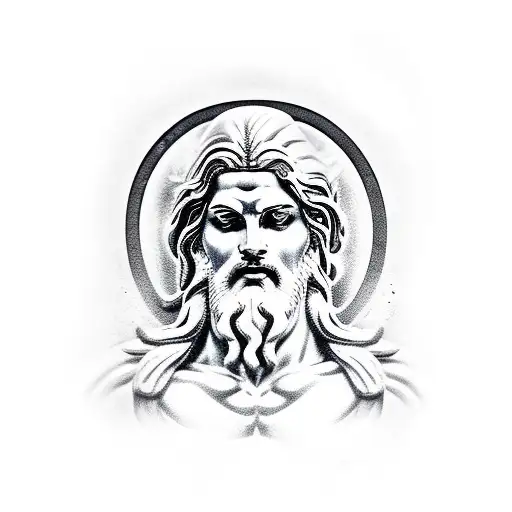 Create a compelling statue depicting Zeus, the Greek god of the sky and thunder, in a dynamic pose unleashing a bolt of  tattoo design idea