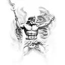 Create a compelling statue depicting Zeus, the Greek god of the sky and thunder, in a dynamic pose unleashing a bolt of  tattoo design idea
