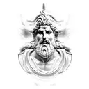 Create a compelling statue depicting Zeus, the Greek god of the sky and thunder, in a dynamic pose unleashing a bolt of  tattoo design idea