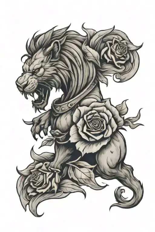Angry, Spartan lion with a rose tattoo design idea